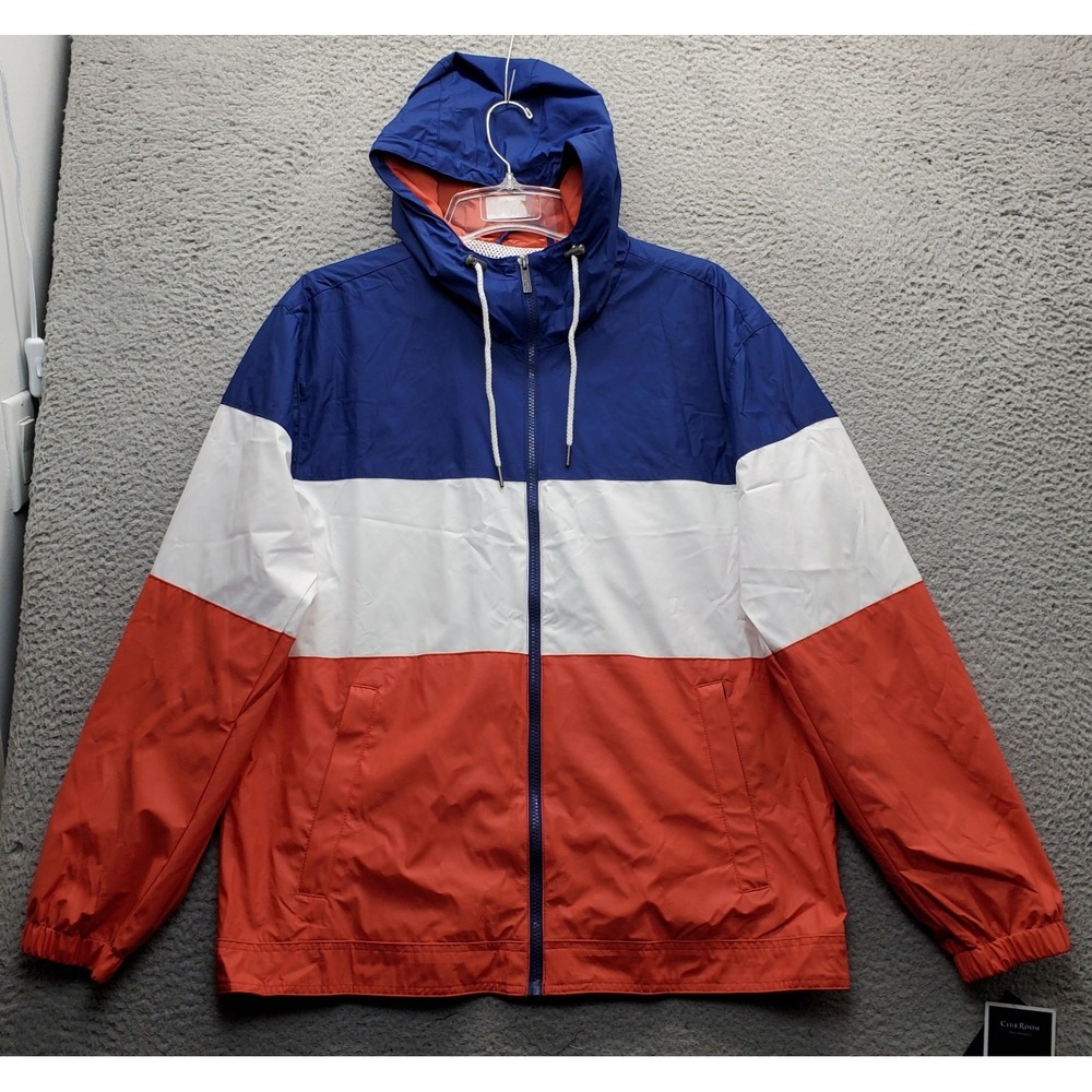Club Room Rain Hooded Jacket Mens Large Multi Colorblock Thermal Lined Full Zip
